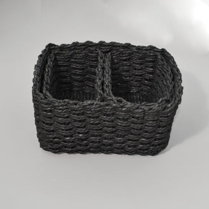 3 Piece Straw Woven Paper Rope Storage Baskets Rectangular Two Compartment Set