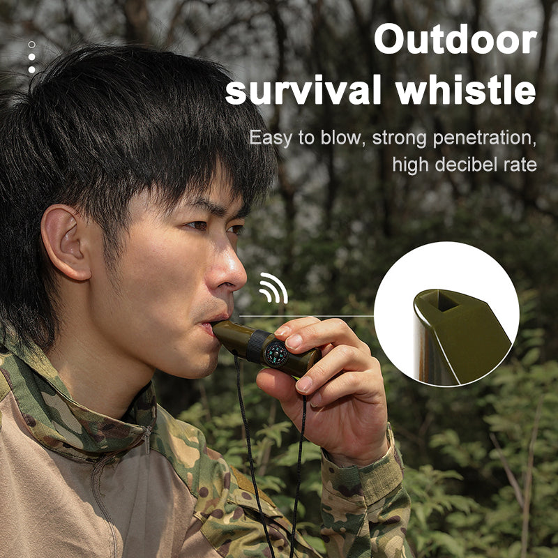 7-in-1 Survival Whistle LED Light Compass Thermometer Outdoor Emergency Gear