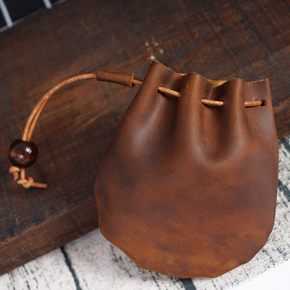 Handmade Cowhide Leather Drawstring Coin Bag Vintage Genuine Storage Pouch