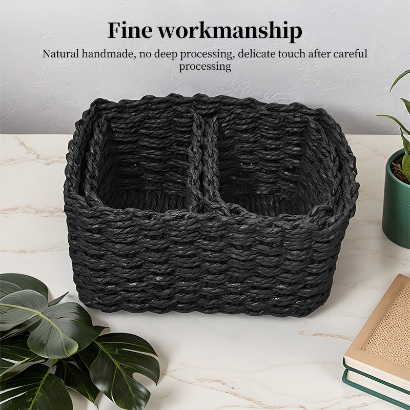 3 Piece Straw Woven Paper Rope Storage Baskets Rectangular Two Compartment Set