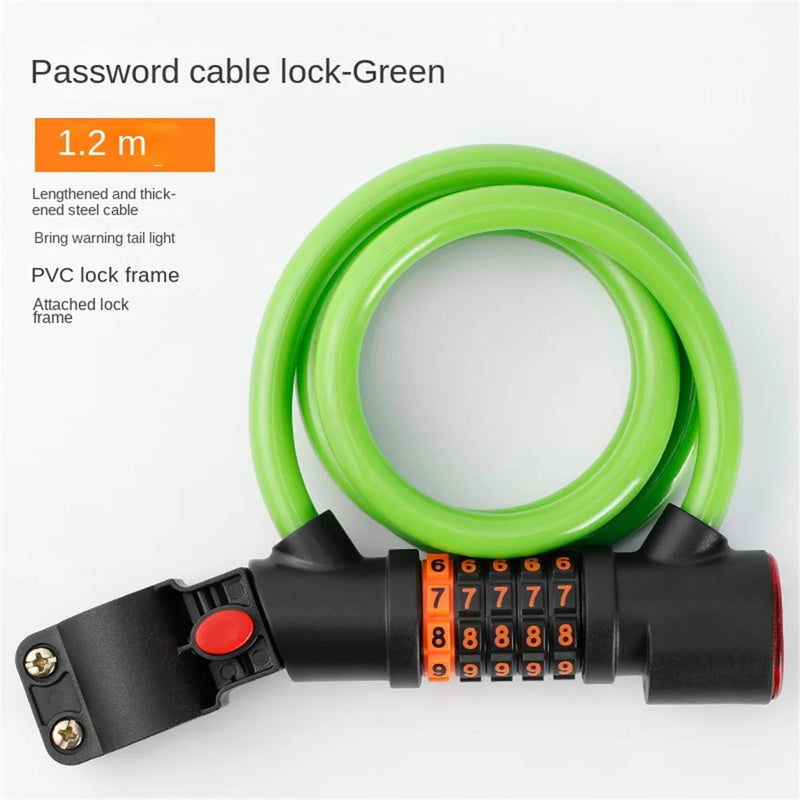 Bike Lock Steel Cable PVC Coated 5-Digit Combination LED Light 260mAh Battery 1.2m
