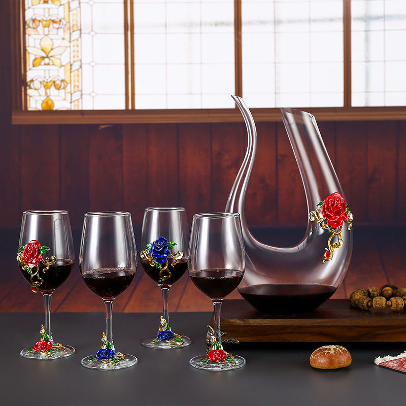 Enamel Crystal Glass Red Wine Goblet Decanter Set Premium Home Bar Essentials
