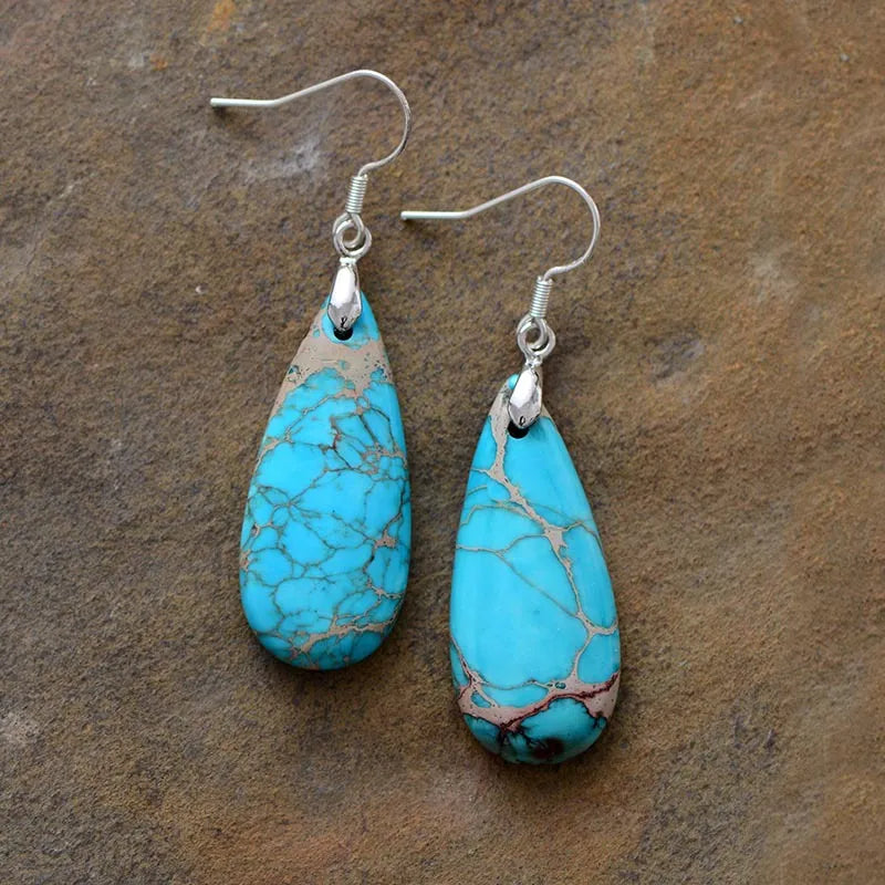 Natural Stone Teardrop Earrings Copper Hook Gemstone Jewellery Fashion 5.8cm