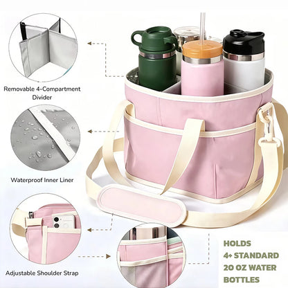 4 Compartment Drink Carrier Bag Adjustable Shoulder Strap Front Pocket Nylon