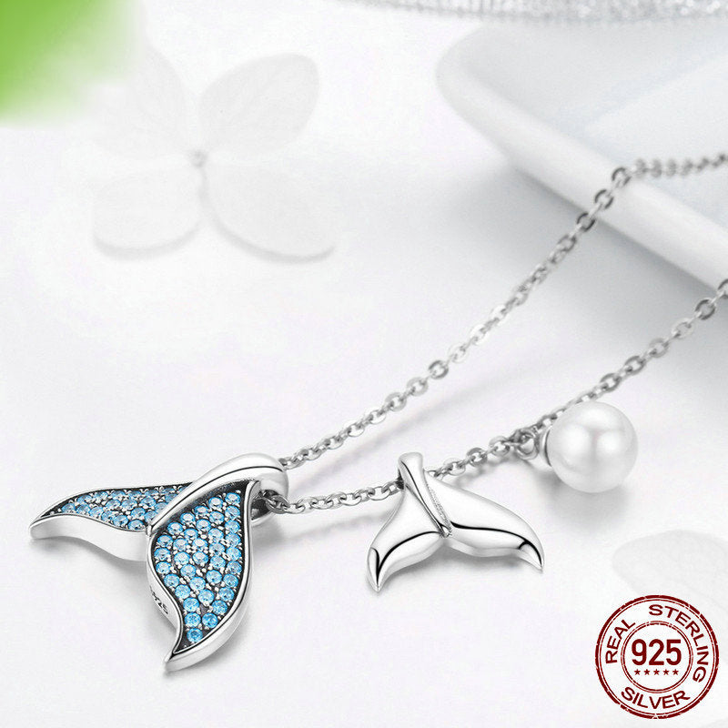 Sterling Silver 925 Zircon Pearl Mermaid Tail Elegant Necklace Gift Women 44cm