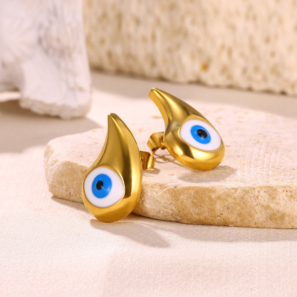 Gold Plated Stainless Steel Blue Evil Devil's Eye Stud Earrings Luck Karma