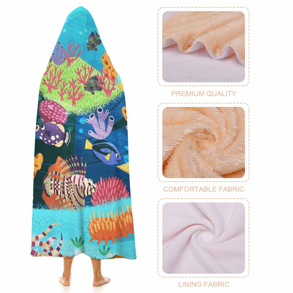 Wearable Hooded Blanket Soft Arctic Velvet Coral Reef Ocean Theme 3 Sizes