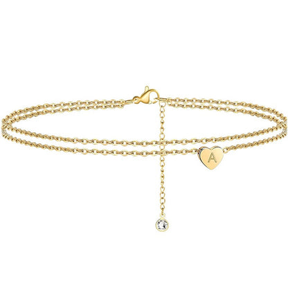 26 Letters Alphabet Womens Gold Tone Heart Anklet Crystal Dangle