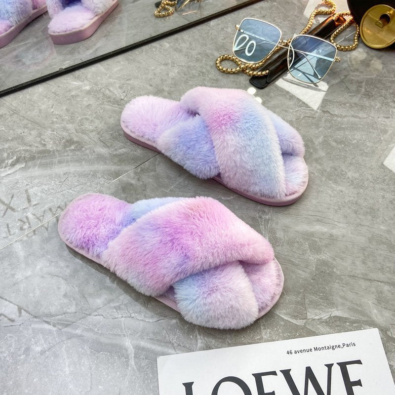 Furry Cross-Band Slippers for Women Soft Indoor Outdoor Non-Slip Sole