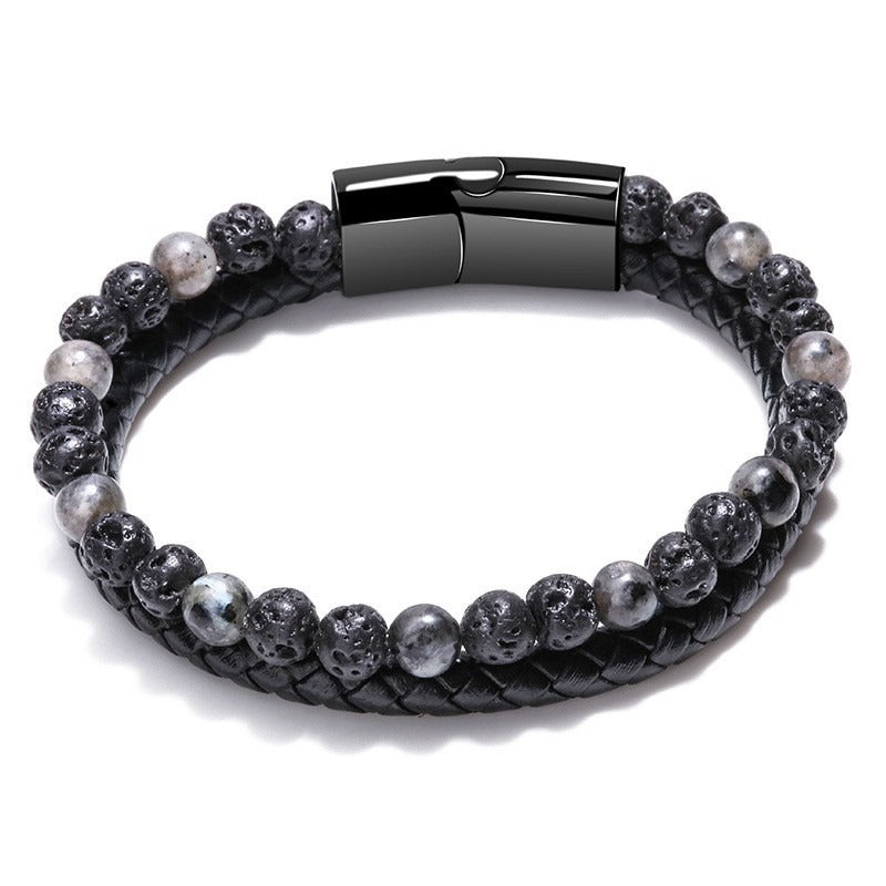 Volcanic Natural Stone Tiger Eye Beaded Bracelet Male Cowhide Rope Agate Handwear