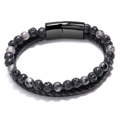 Volcanic Natural Stone Tiger Eye Beaded Bracelet Male Cowhide Rope Agate Handwear