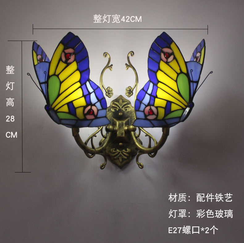 Home Butterfly LED Wall Lamp Stained Glass European Countryside Style Lighting