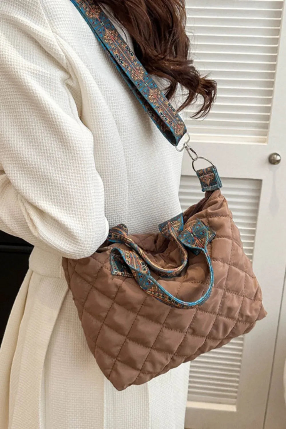 Bubble Quilted Handbag Printed Strap Oxford Cloth Casual Shoulder Bag 34.5cm