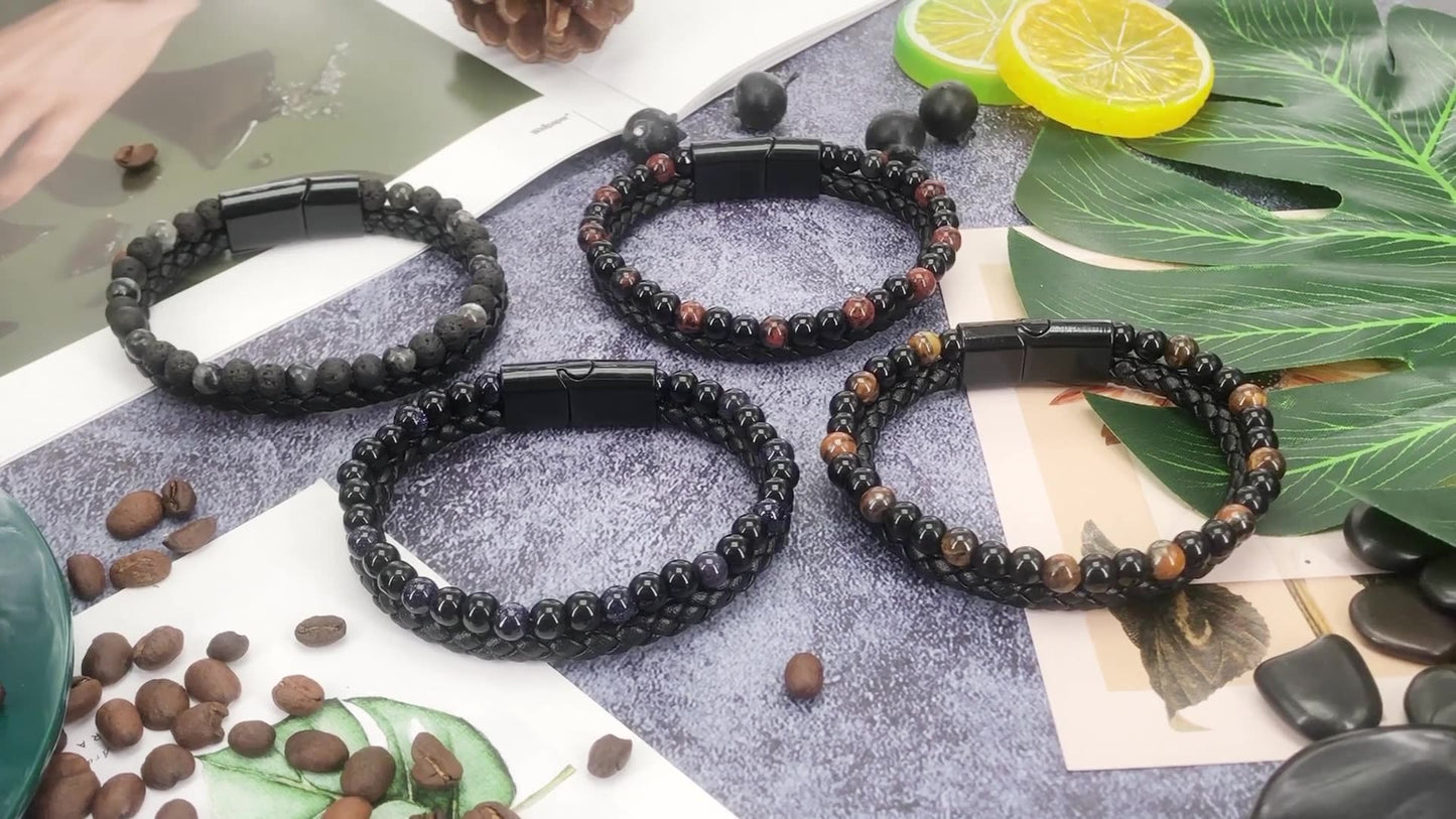 Volcanic Natural Stone Tiger Eye Beaded Bracelet Male Cowhide Rope Agate Handwear