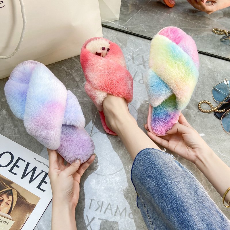 Furry Cross-Band Slippers for Women Soft Indoor Outdoor Non-Slip Sole