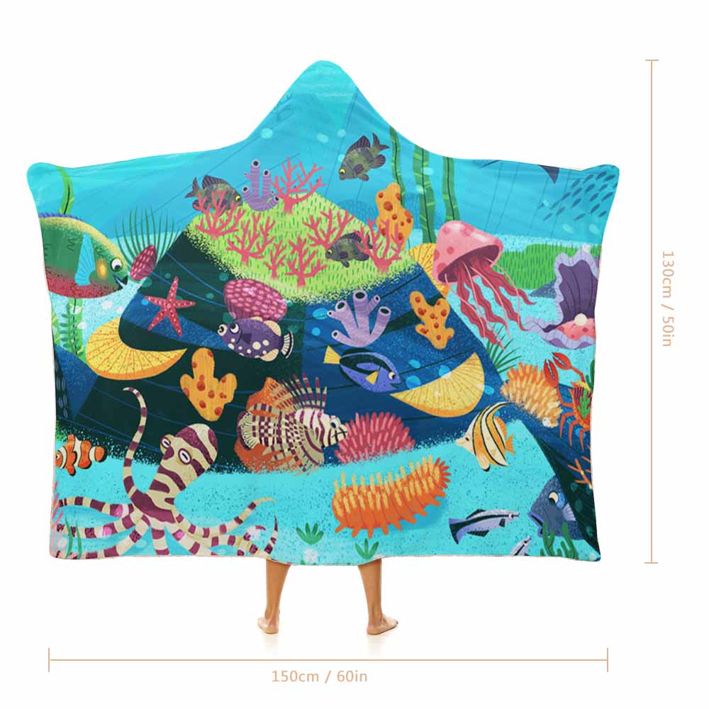 Wearable Hooded Blanket Soft Arctic Velvet Coral Reef Ocean Theme 3 Sizes