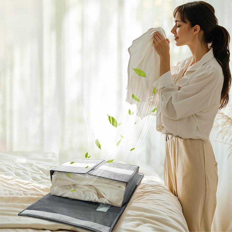 Compact Foldable Rectangular Storage Cube For Linens Towels Bedding Beige Grey