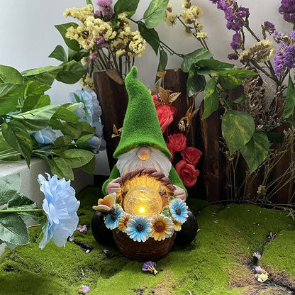 Resin Solar Powered Gnome with Flower Basket and Glass Orb Garden Illumination