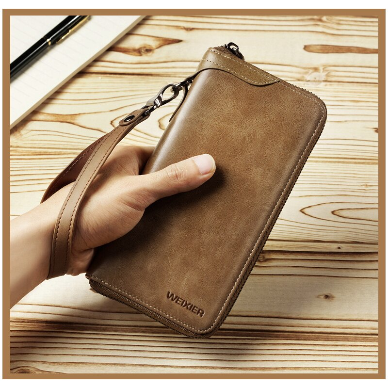 Men's Vintage Long Style Split Leather Wallet Multiple Card Slots Secure Zip Closure