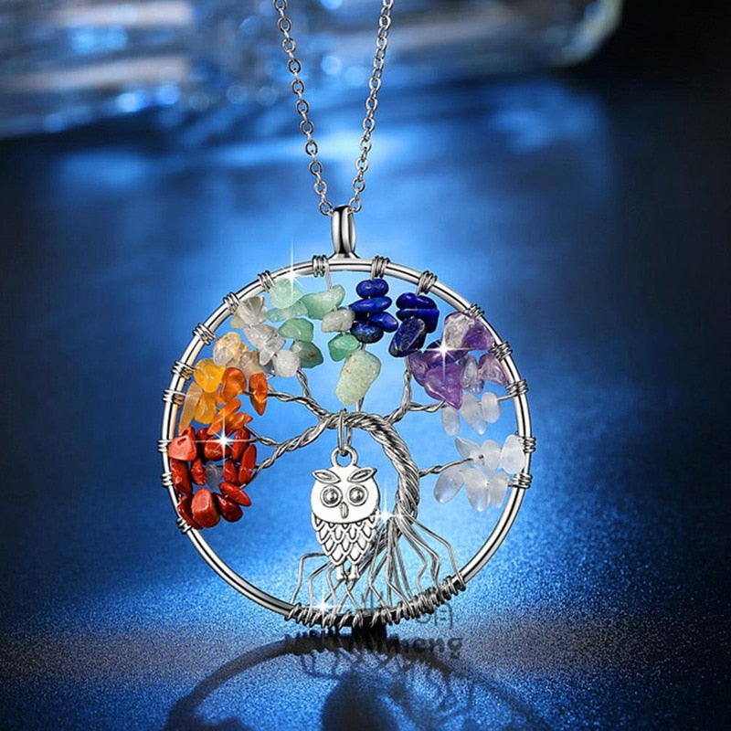 5CM Tree of Life Crystal Natural Stone Owl Dangle Pendant Necklace Gift Jewellery