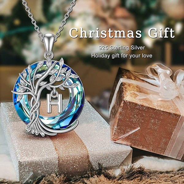 Initial Letter Tree of Life Blue Austrian Crystal Necklace Women's Jewellery