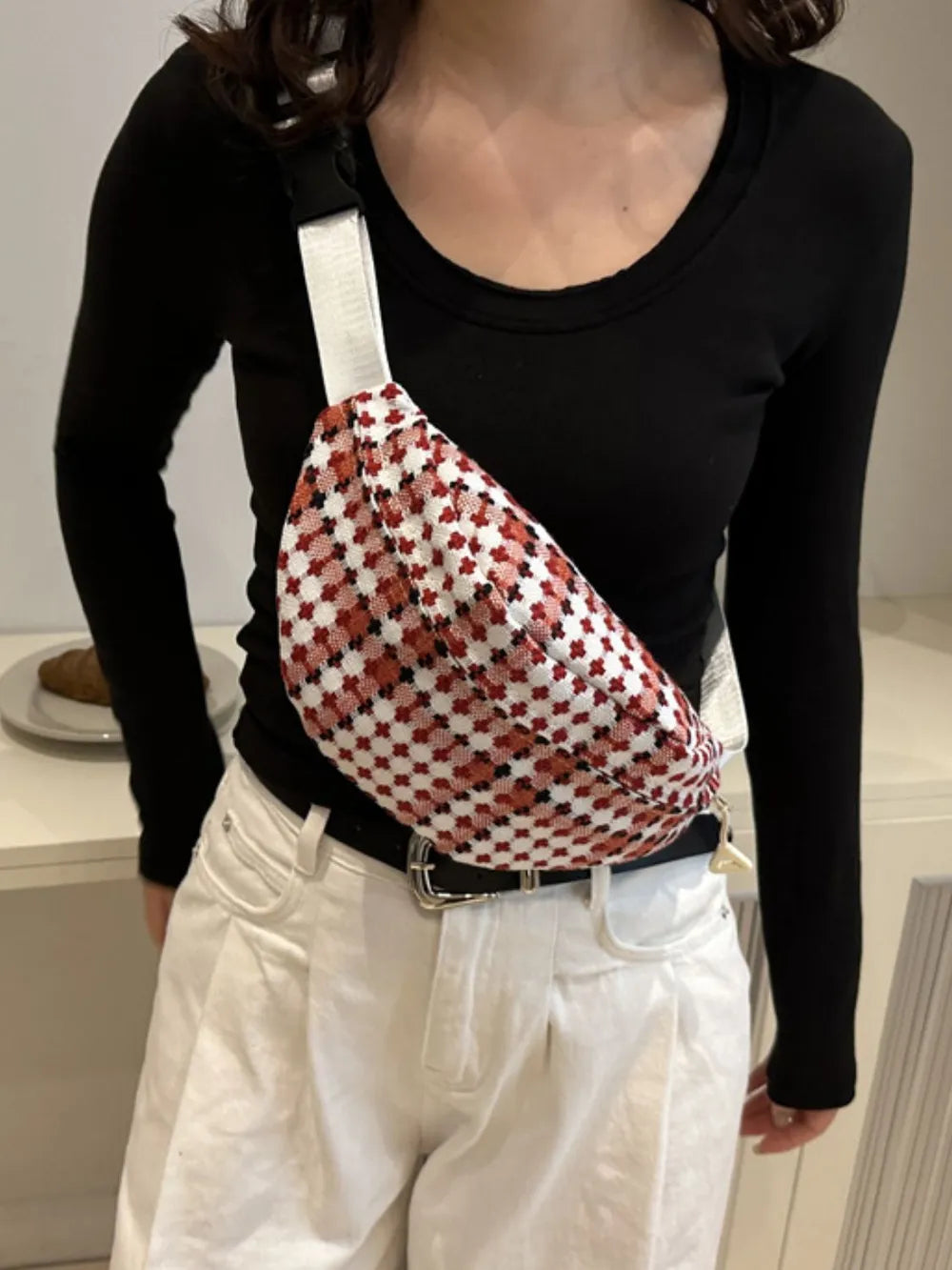 Plaid Wide Strap Crossbody Bag Adjustable Zip Polyester Casual Travel 29.5cm