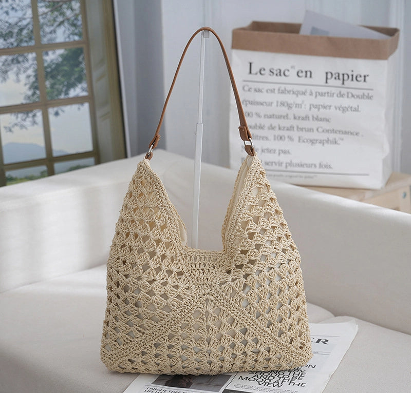 Straw Woven Shoulder Bag Armpit Style Hollow Out Single Strap Medium Purse Handbag