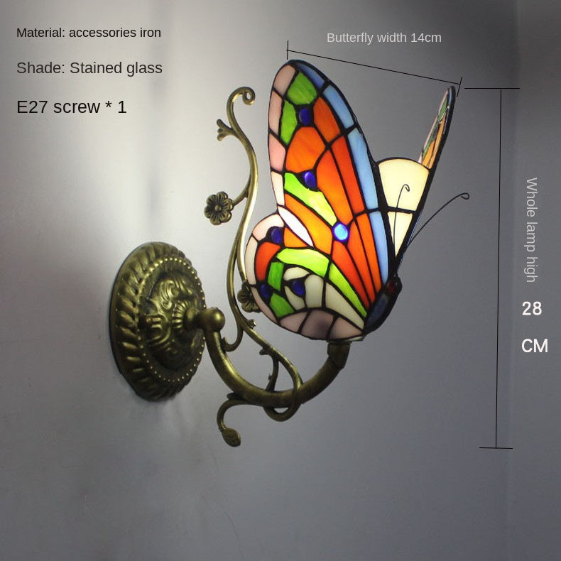Home Butterfly LED Wall Lamp Stained Glass European Countryside Style Lighting