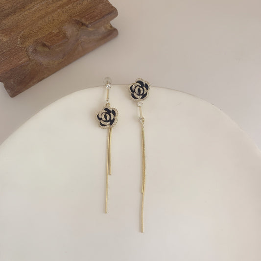 Black Rose Tassel Earrings Micro Inlaid Zircon Stone Design Versatile