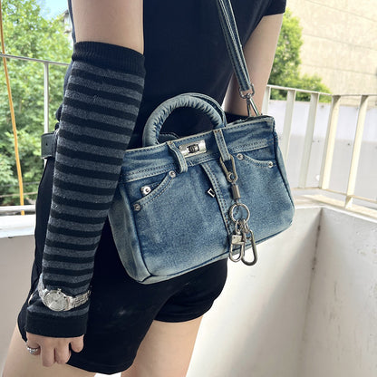 Women's Denim Shoulder Bag Medium Square Retro Crossbody Casual Storage Option