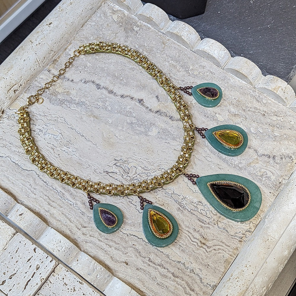 Durable Cuban Link Chain Necklace Green Malachite Stone Inlay Jewellery Piece