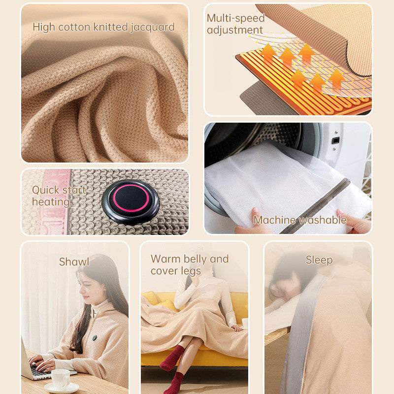 USB Heated Shawl Blanket Portable Wearable Electric Throw with Zipper 3 Heat Levels