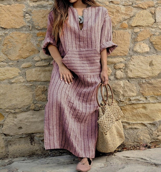 Women's Cotton Linen Blend Striped Maxi Dress Loose Fit Long Sleeve Casual Style