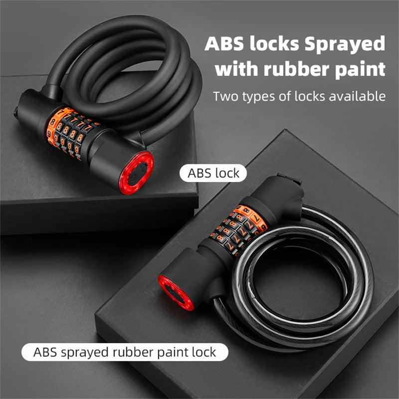 Bike Lock Steel Cable PVC Coated 5-Digit Combination LED Light 260mAh Battery 1.2m