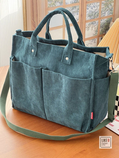 Womens Autumn Winter Corduroy Shoulder Tote Multi-Pocket Durable Spacious Bag