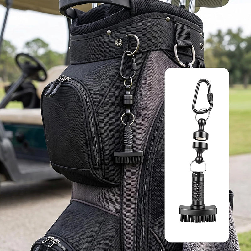 Magnetic Golf Brush Groove Cleaner Quick Release Pocket Clip Black Carabiner