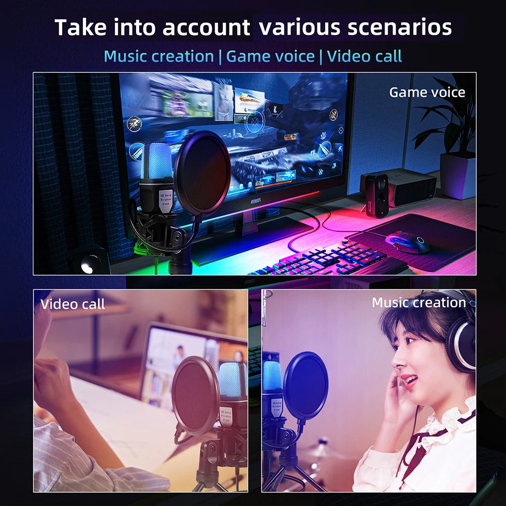 USB Gaming Microphone RGB Condenser Mic Shock Mount Podcast Recording