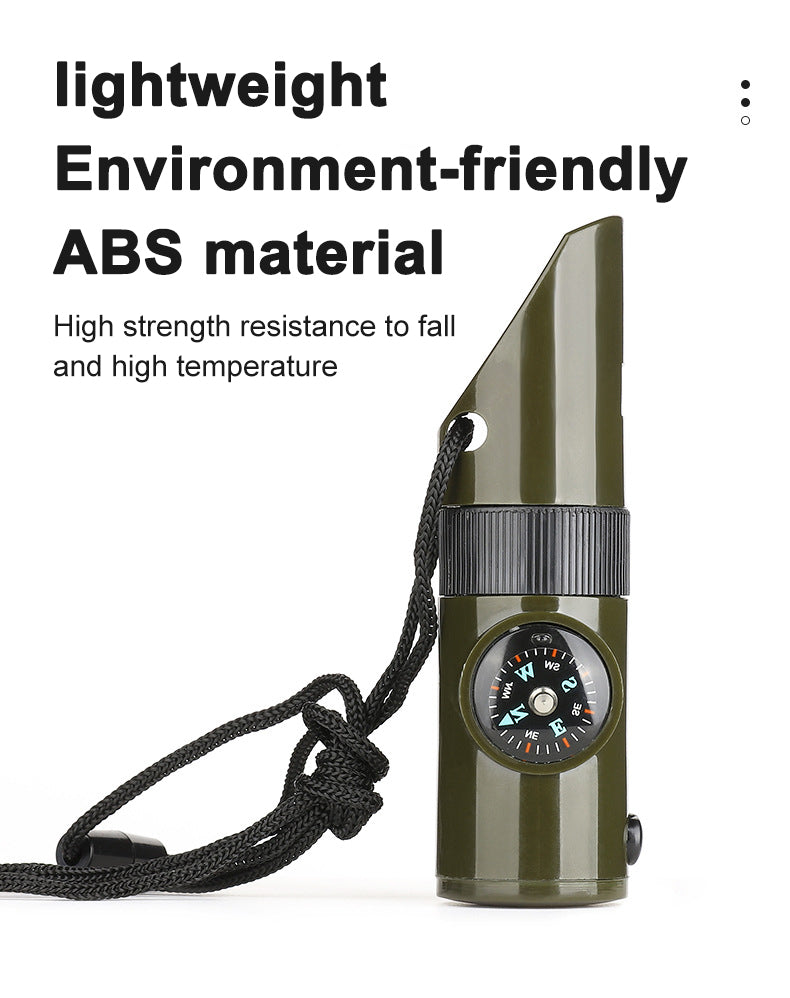 7-in-1 Survival Whistle LED Light Compass Thermometer Outdoor Emergency Gear