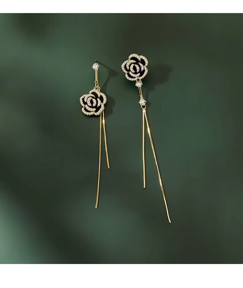 Black Rose Tassel Earrings Micro Inlaid Zircon Stone Design Versatile