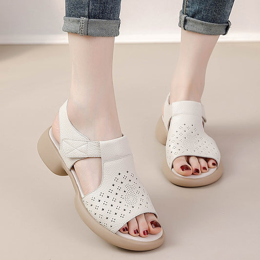 Womens Soft Sole Leather Sandals Open Toe Casual Velcro Summer Shoes Size 35–41