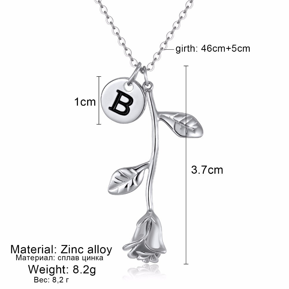 Rose Gold Silver 26 Letter A-Z Dangle Rose Pendant Necklace Birthday Gift