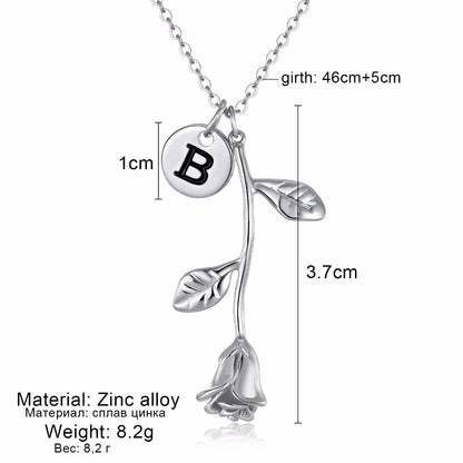 Rose Gold Silver 26 Letter A-Z Dangle Rose Pendant Necklace Birthday Gift