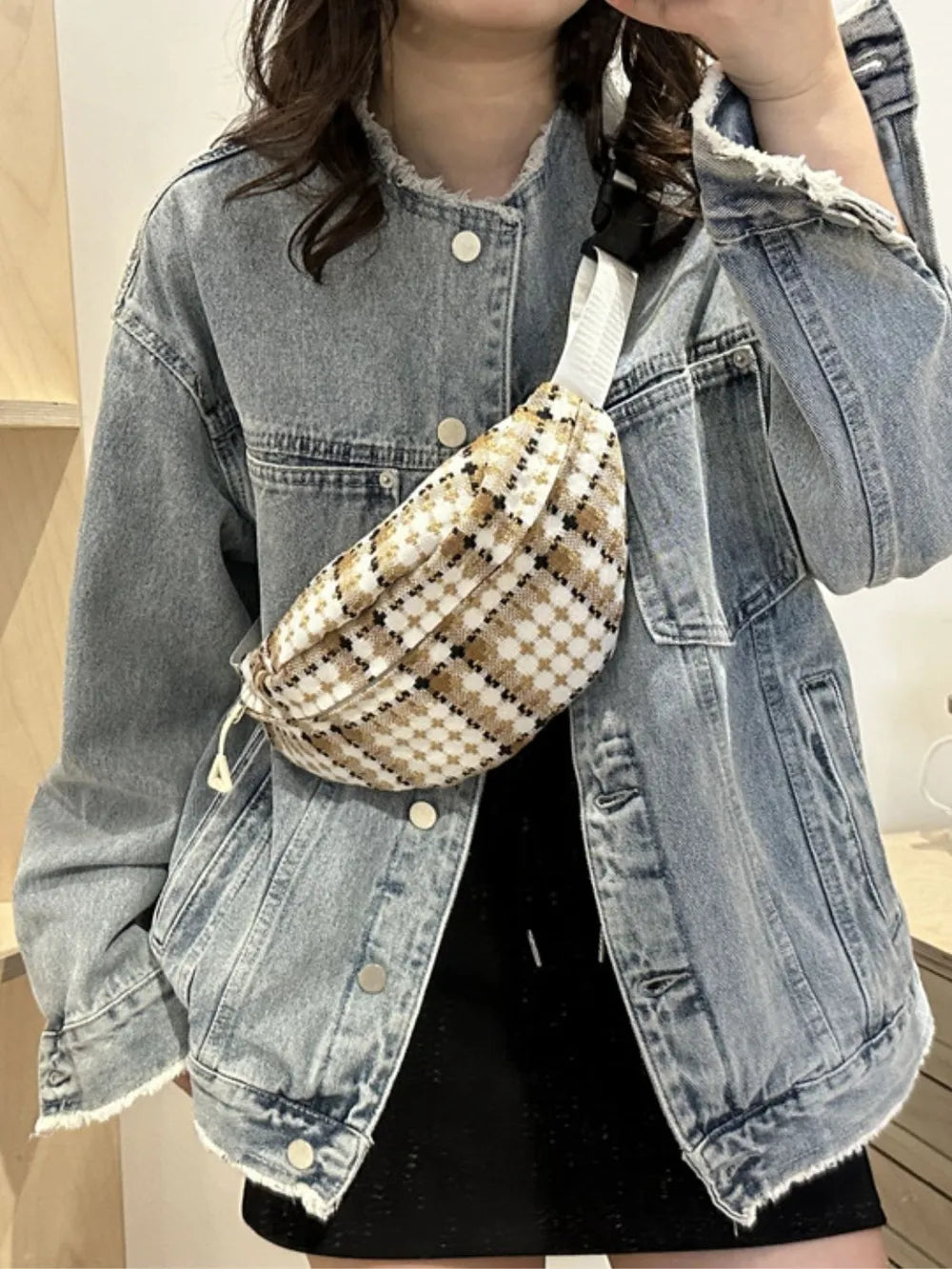 Plaid Wide Strap Crossbody Bag Adjustable Zip Polyester Casual Travel 29.5cm