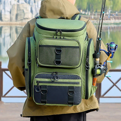 Fishing Backpack Rod Holder Tackle Box Hiking Gear Waterproof Spacious Durable