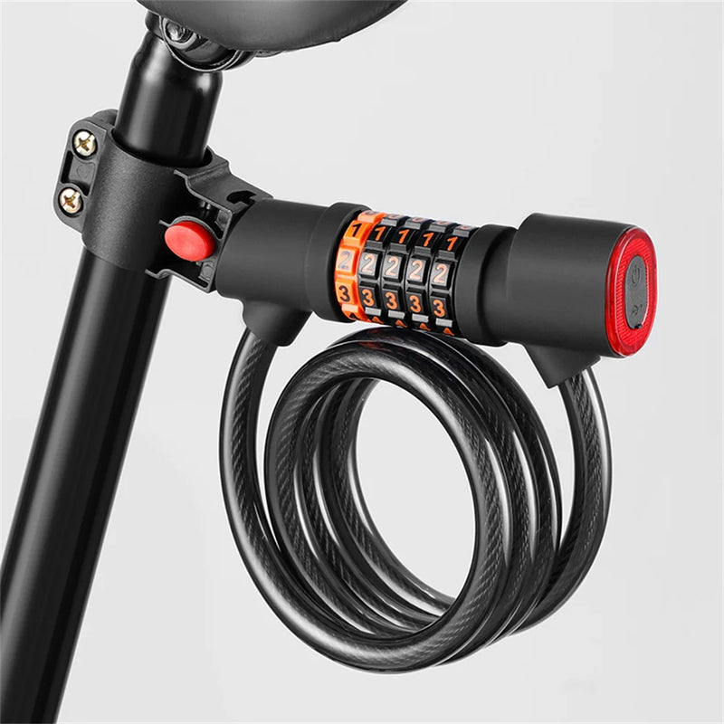 Bike Lock Steel Cable PVC Coated 5-Digit Combination LED Light 260mAh Battery 1.2m