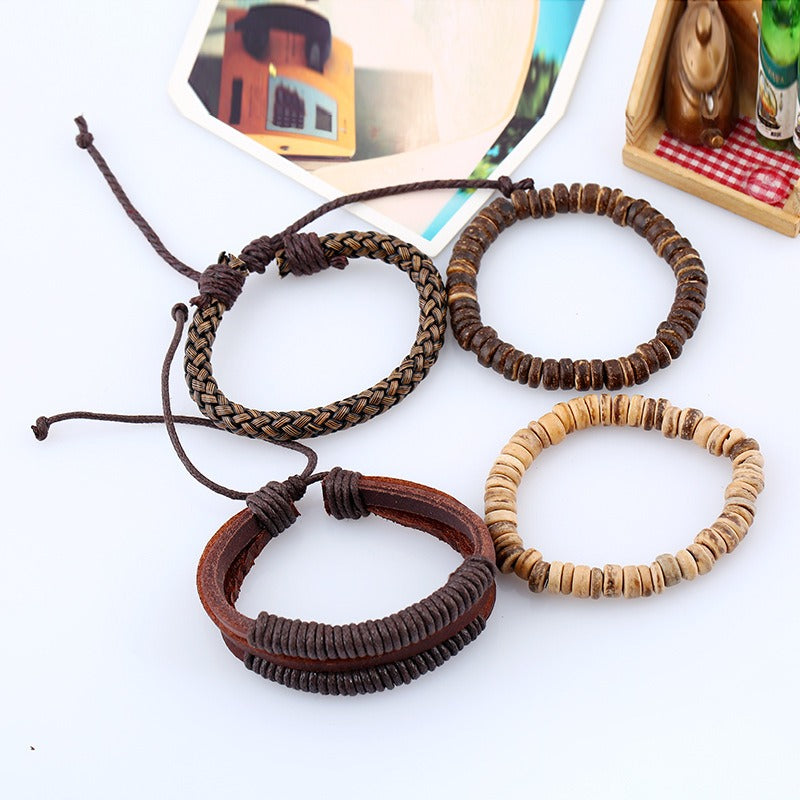 Men's Retro Cowhide Coconut Shell Wooden Bead Bracelet Set Adjustable Woven