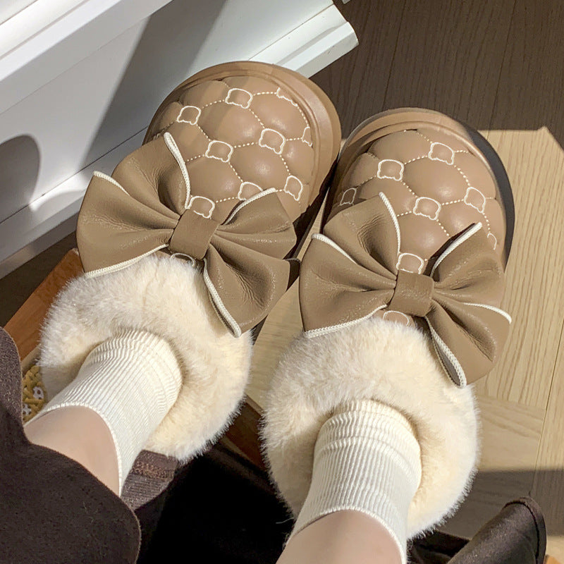 Cute Bow Tie Knot Slippers Warm Cotton Anti-Slip Indoor Shoes Cozy Winter