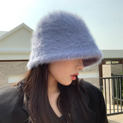 Ladies' Rabbit Fur Knitted Winter Bucket Hat for Stylish Cold Weather Comfort