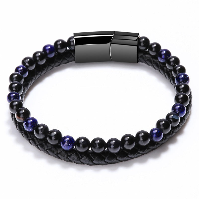 Volcanic Natural Stone Tiger Eye Beaded Bracelet Male Cowhide Rope Agate Handwear