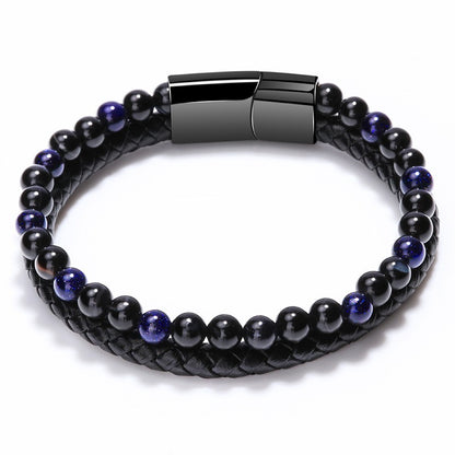Volcanic Natural Stone Tiger Eye Beaded Bracelet Male Cowhide Rope Agate Handwear